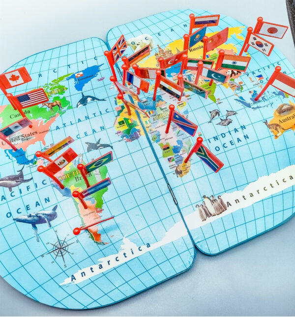 Wooden World Map with Flags